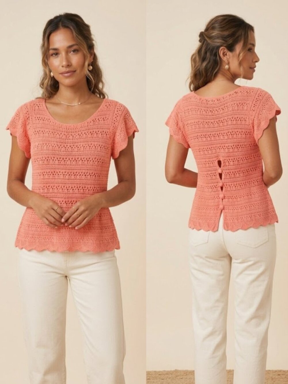 ANTHROPOLOGIE DEAR JOHN Coral Crochet Top Button Back Ruffle Romantic Boho S